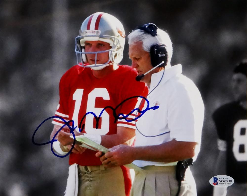 Joe Montana Signed San Francisco 49ers 8x10 Photo W/ Walsh- Beckett W Auth *Blue