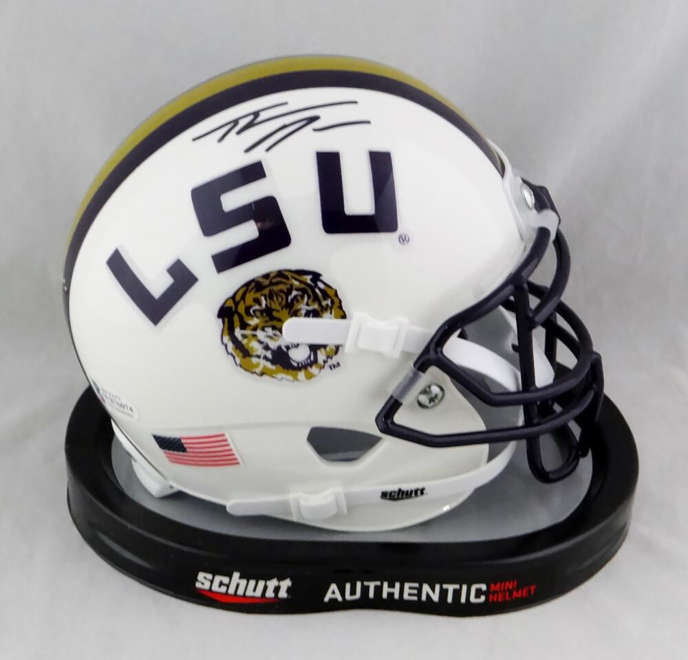 Thaddeus Moss Autographed LSU Tigers White Schutt Mini Helmet - Beckett W Auth *Black