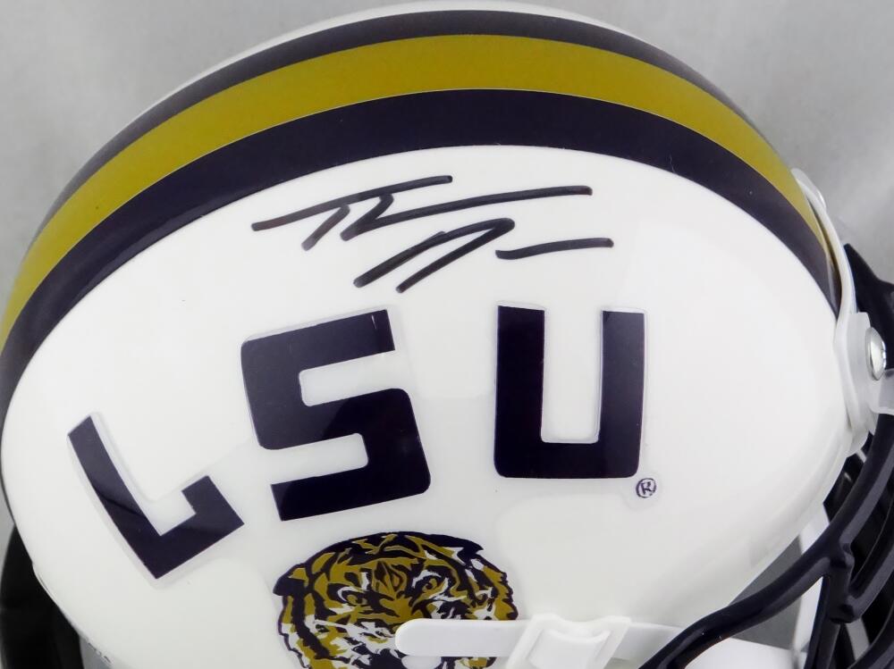 Thaddeus Moss Autographed LSU Tigers White Schutt Mini Helmet - Beckett W Auth *Black