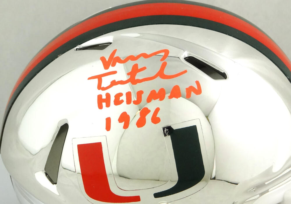 Vinny Testaverde Autographed Miami Hurricanes Chrome Speed Mini Helmet w/ Insc- JSA W Auth *Orange