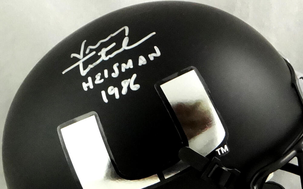 Vinny Testaverde Autographed Miami Hurricanes Black Schutt Mini Helmet w/ Insc- JSA W Auth *Silver