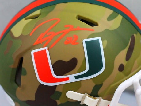 Ray Lewis Autographed Miami Hurricanes Camo Speed Mini Helmet - Beckett W Auth *Orange