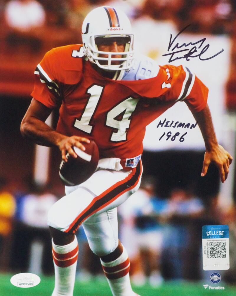 Vinny Testaverde Autographed Miami Hurricanes 8x10 Running FP Photo w/ Heisman - JSA W Auth *Black