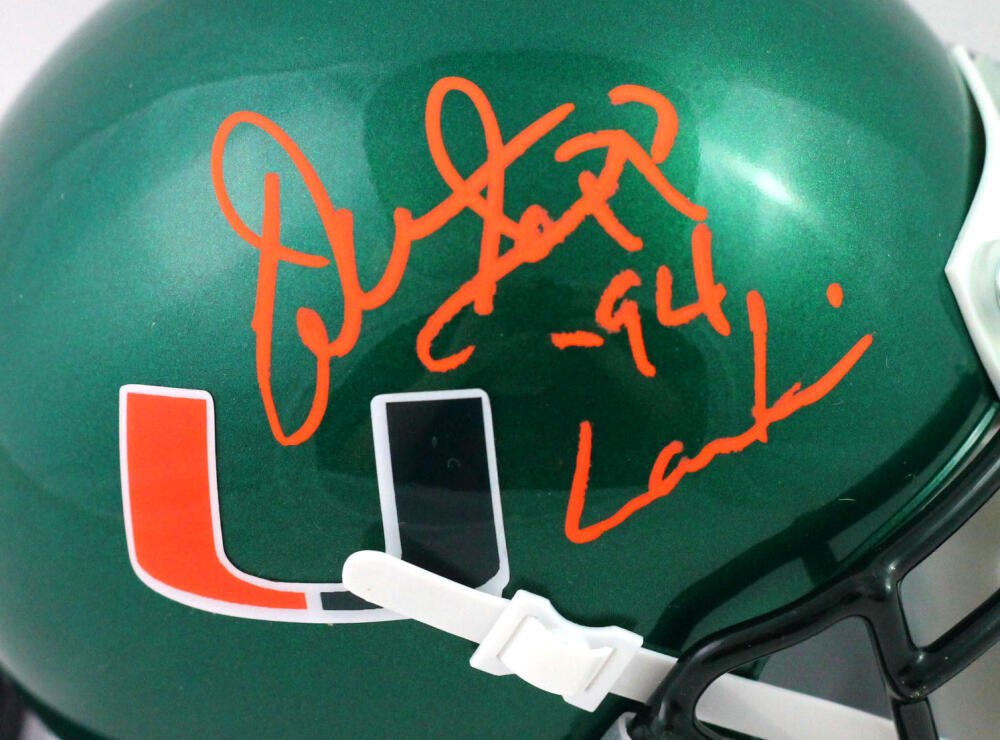 Warren Sapp Autographed Miami Hurricanes Green Mini Helmet w/ Insc - Beckett Witness *Orange