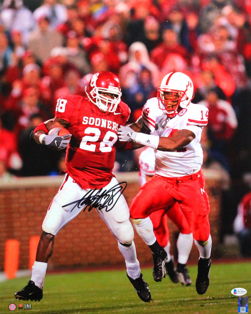 Adrian Peterson Autographed Oklahoma Sooners 16x20 HM Photo vs Nebraska - Beckett Witness