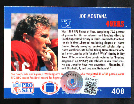 1990 Pro Set Pro Bowl #408 Joe Montana Auto 49ers Autograph Beckett Authenticated Image 2