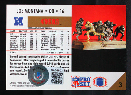 1991 Pro Set #3 Joe Montana San Francisco 49ers Autograph Beckett Authenticated