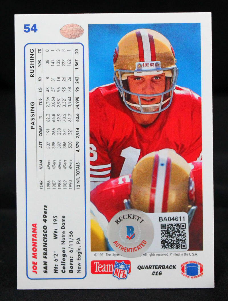 1991 Upper Deck #54 Joe Montana San Francisco 49ers Autograph Beckett Authenticated  Image 2