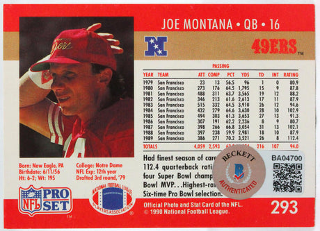 1990 Pro Set #293 Joe Montana SF 49ers Autograph Beckett Witness  Image 2