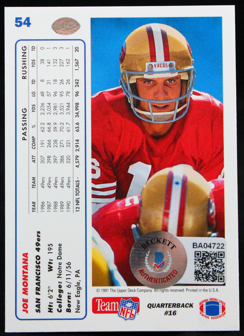 1991 Upper Deck #54 Joe Montana SF 49ers Autograph Beckett Authenticated Image 2