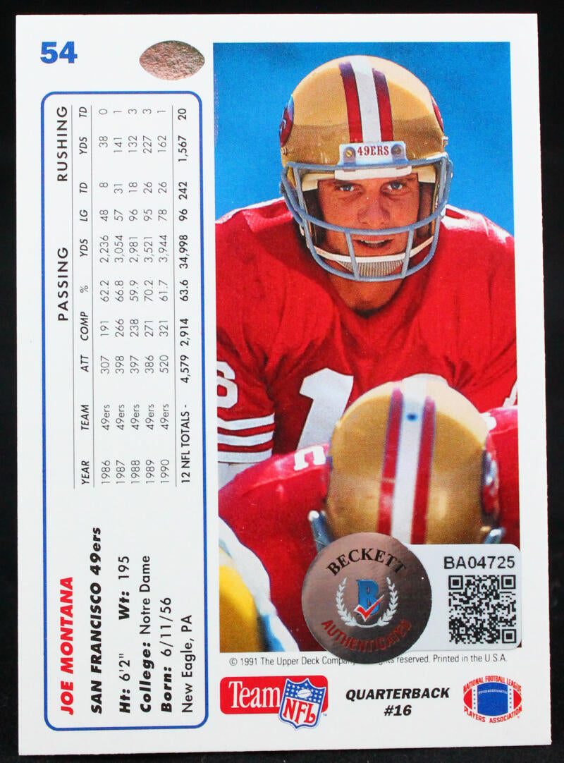 1991 Upper Deck #54 Joe Montana SF 49ers Autograph Beckett Authenticated Image 2