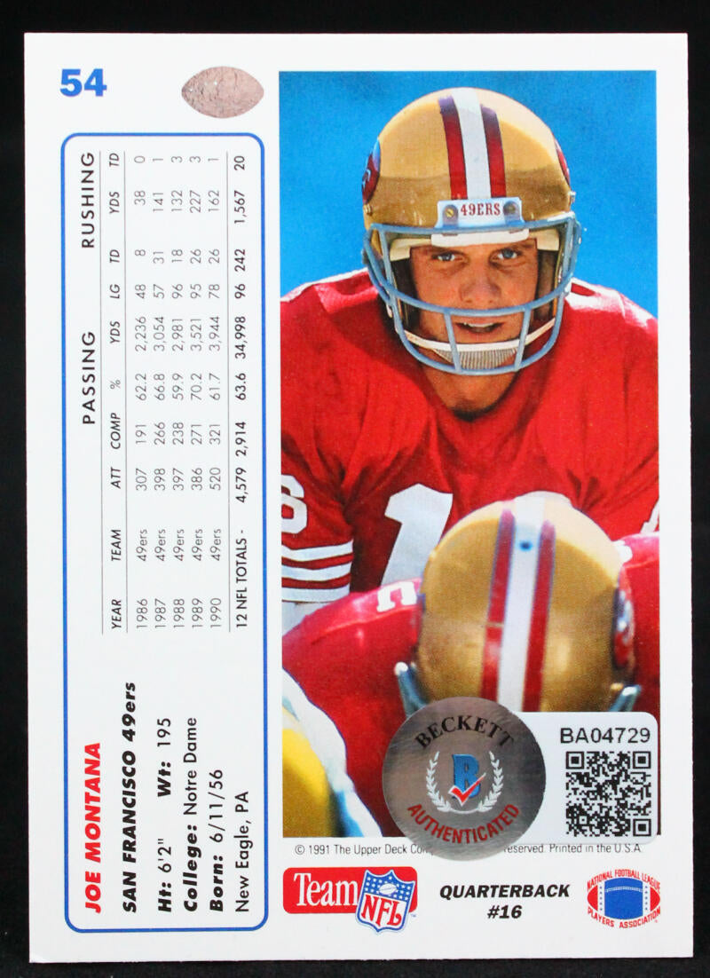 1991 Upper Deck #54 Joe Montana SF 49ers Autograph Beckett Authenticated Image 2