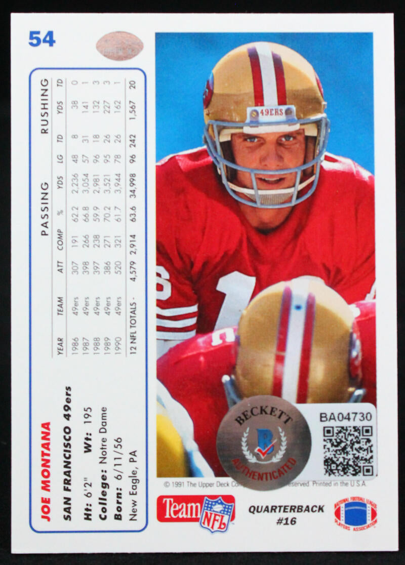 1991 Upper Deck #54 Joe Montana SF 49ers Autograph Beckett Authenticated Image 2