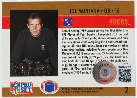 1990 Proset #2 Joe Montana Auto SF 49ers Autograph Beckett Authenticated  Image 2