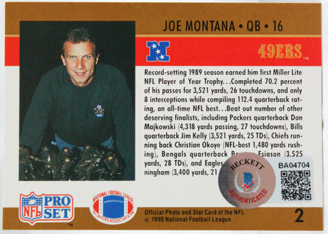 1990 Proset #2 Joe Montana Auto SF 49ers Autograph Beckett Authenticated  Image 2