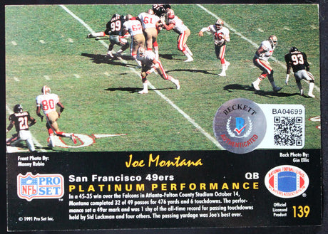 1991 Pro Set Platinum #139 Joe Montana Auto SF 49ers Autograph Beckett Authenticated  Image 2