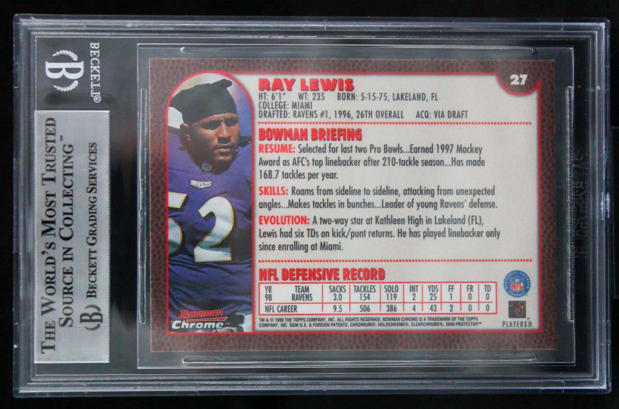 1999 Bowman Chrome #27 Ray Lewis Auto Baltimore Ravens Autograph Beckett Auth Image 2