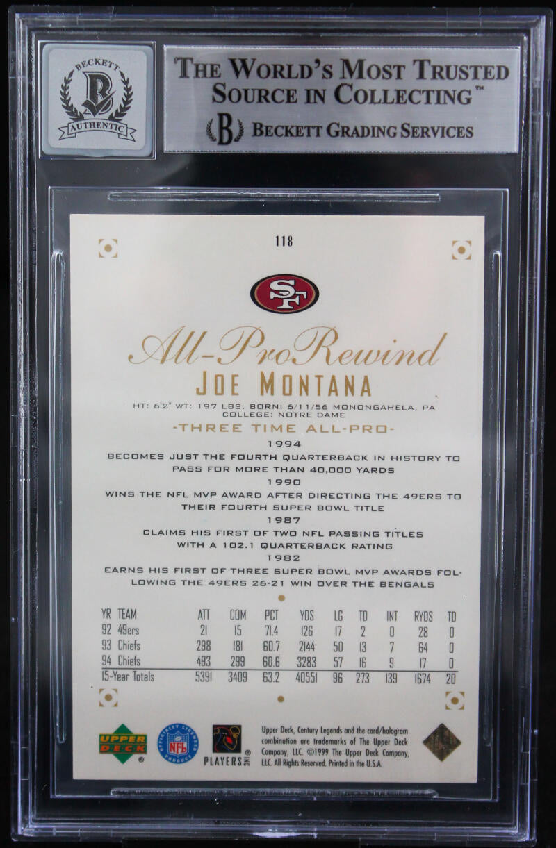 1999 UD Century Legends #118 Joe Montana Auto 49ers BAS Autograph 10  Image 2