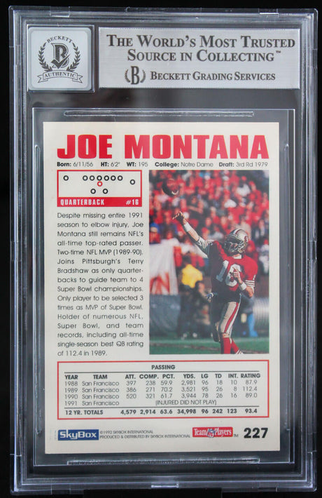 1992 Skybox Impact #227 Joe Montana Auto San Francisco 49ers BAS Autograph 10  Image 2