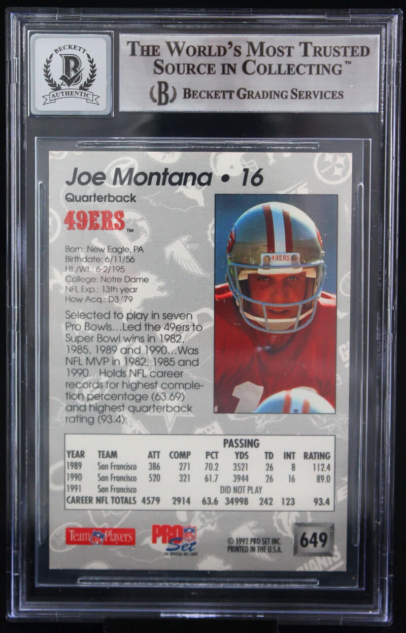 1992 Pro Set #649 Joe Montana Auto San Francisco 49ers BAS Autograph 10  Image 2