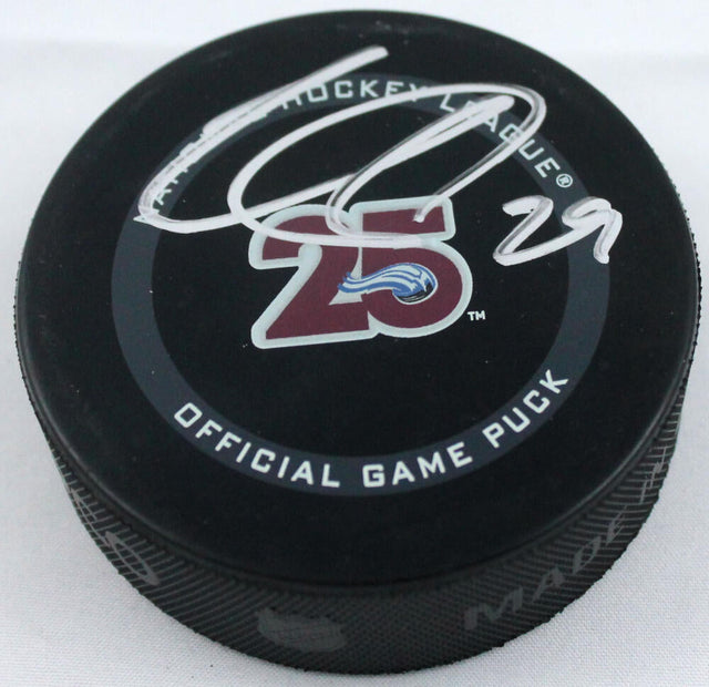 Nathan MacKinnon Autographed Colorado Avalanche 25th Anniversary Hockey Puck-Fanatics *Silver Image 1