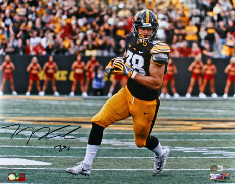 TJ Hockenson Autographed Iowa 16x20 Running Photo-Beckett W Hologram *Black Image 1