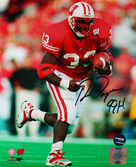 Ron Dayne Autographed Wisconsin Badgers 8x10 Running Photo w/99H-Prova *Silver Image 1