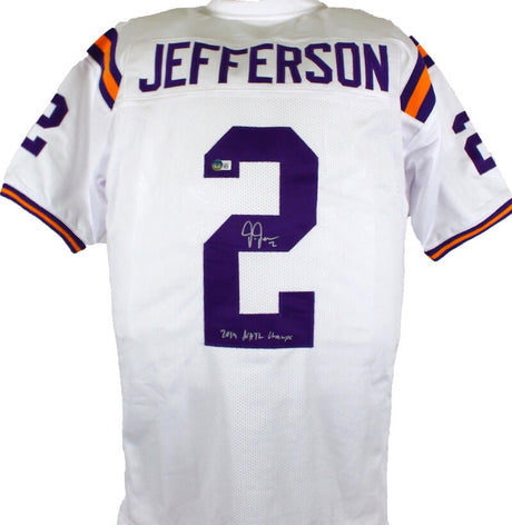 Justin Jefferson Autographed White College Style Jersey w/Natl Champs-Beckett W Hologram *Silver Image 1