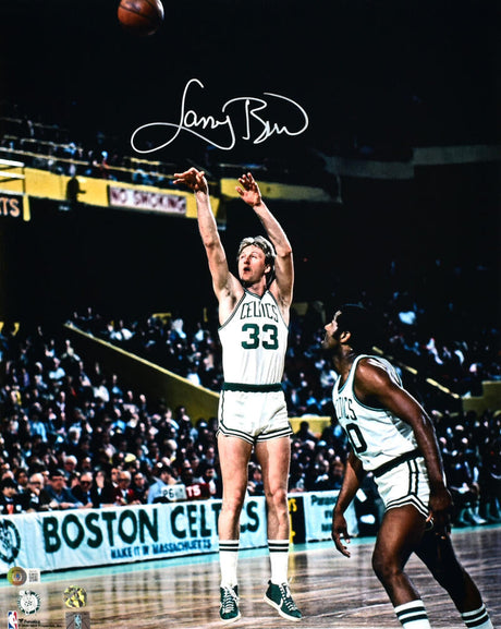 Larry Bird Autographed Boston Celtics 16x20 Jump Shot Photo - Beckett W Hologram *White Image 1