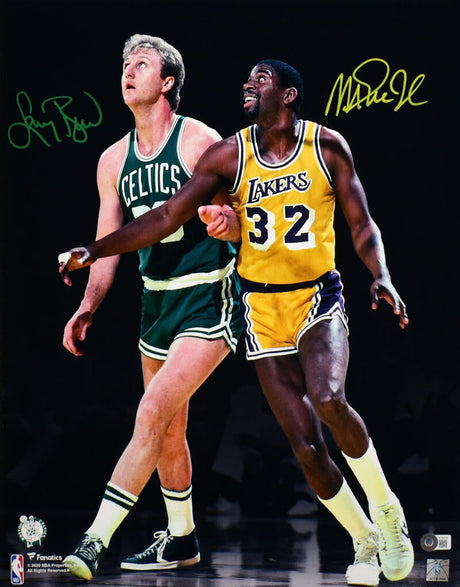 Larry Bird Magic Johnson Autographed 16x20 Spotlight Photo-Beckett W Hologram *Green/Yellow Image 1