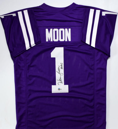 Warren Moon Autographed Purple College Style Jersey w/HOF - Beckett W Hologram *Black Image 1