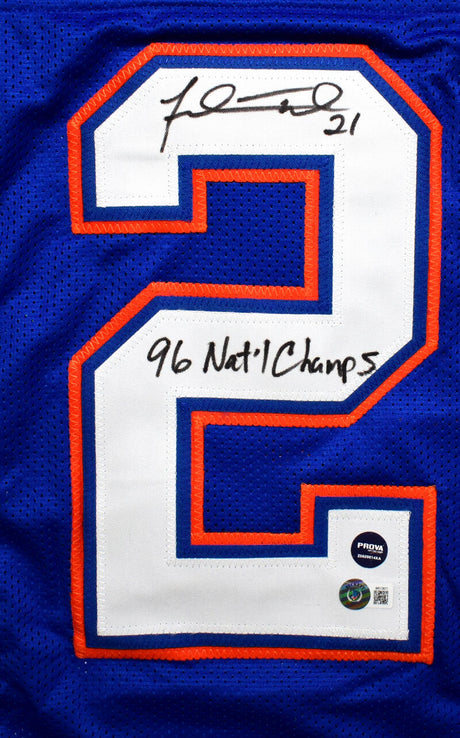 Fred Taylor Autographed Blue College Style Jersey w/ 96 Natl Champs-Beckett W Hologram Image 2