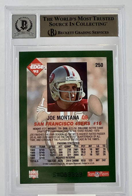 1992 Collector's Edge #250  Joe Montana Auto San Francisco 49ers BAS Autograph 10 Image 2