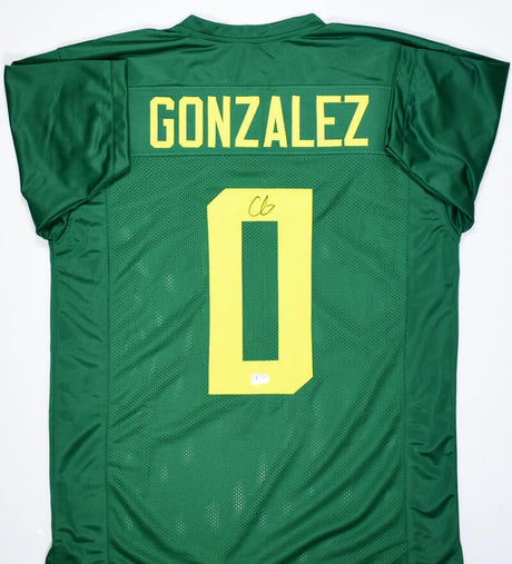 Christian Gonzalez Autographed Green College Style Jersey- Beckett W Hologram *Black Image 1