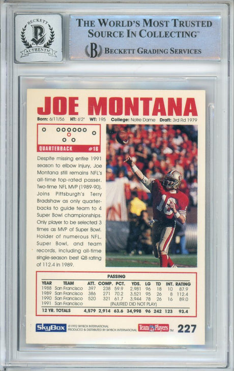 1992 Skybox Impact #227 Joe Montana San Francisco 49ers BAS Autograph 10 Image 2