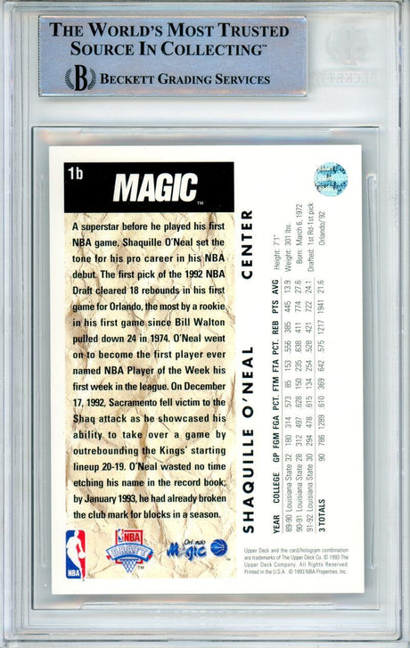 1992-93 Upper Deck #1B Shaquille O'neal Trade RC Orlando Magic BAS Autograph 10   Image 2