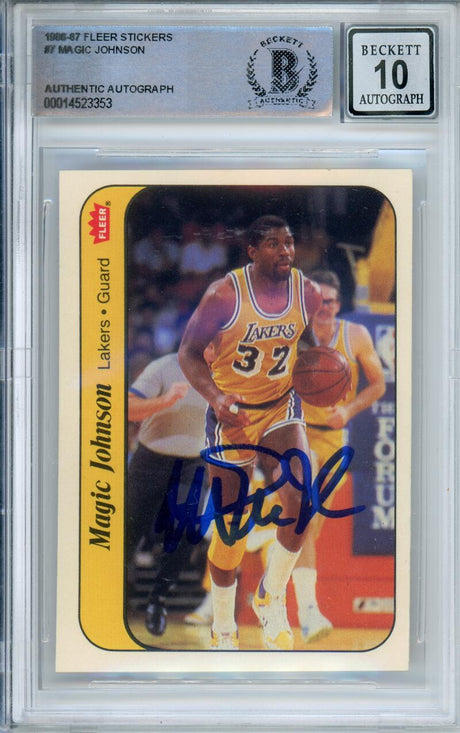 1986-87 Fleer Stickers #7 Magic Johnson Lakers BAS Autograph 10  Image 1