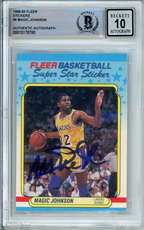 1988-89 Fleer Stickers #6 Magic Johnson Los Angeles Lakers BAS Autograph 10  Image 1