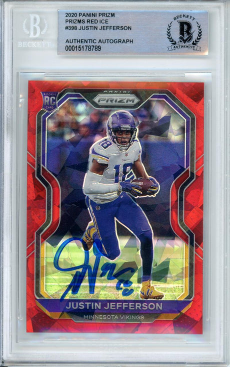 2020 Panini Prizm Red Cracked Ice #398 Justin Jefferson RC Minnesota Vikings BAS Autograph 10 Image 1