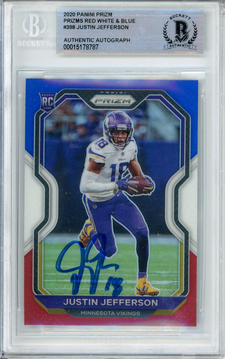 2020 Panini Prizm Red, White & Blue #398 Justin Jefferson RC Minnesota Vikings BAS Autograph 10 Image 1