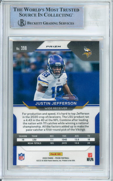 2020 Panini Prizm Red, White & Blue #398 Justin Jefferson RC Minnesota Vikings BAS Autograph 10 Image 2