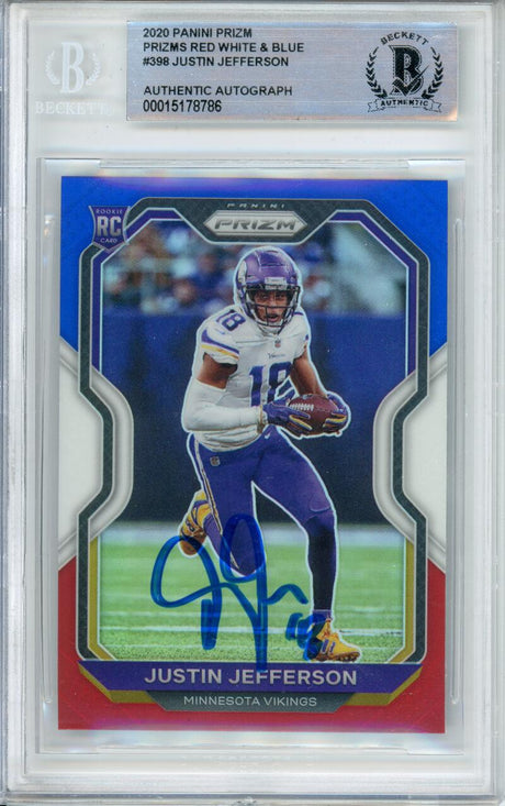 2020 Panini Prizm Red, White & Blue #398 Justin Jefferson RC Minnesota Vikings BAS Autograph 10 Image 1