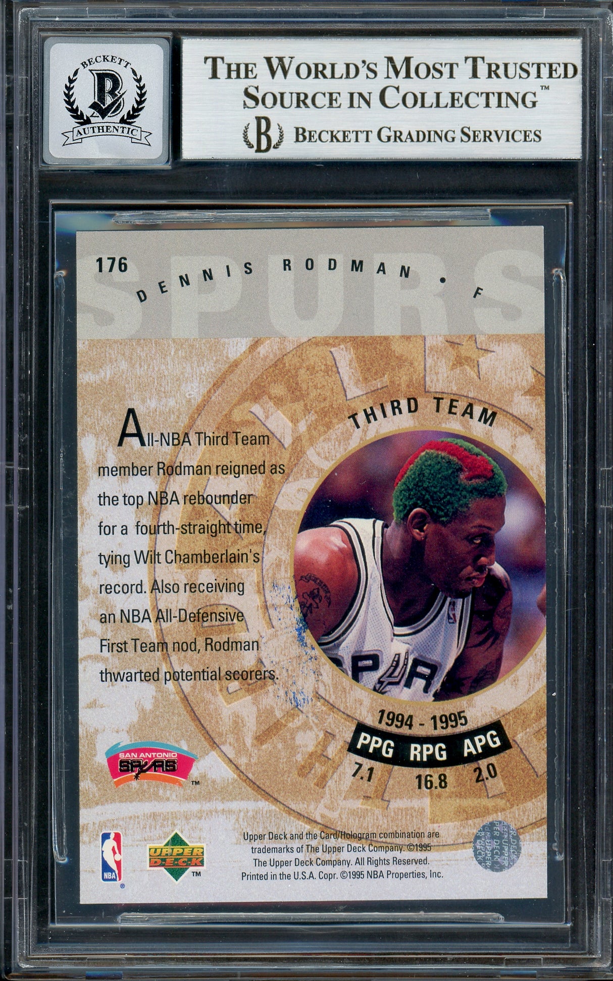 Dennis Rodman Autographed 1995-96 Upper Deck Electric Court Card #176 San Antonio Spurs Auto Grade Gem Mint 10 Beckett BAS #13018195