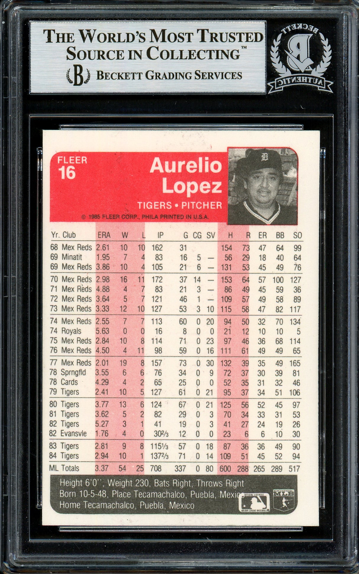 Aurelio Lopez Autographed 1985 Fleer Card #16 Detroit Tigers Beckett BAS #13019144