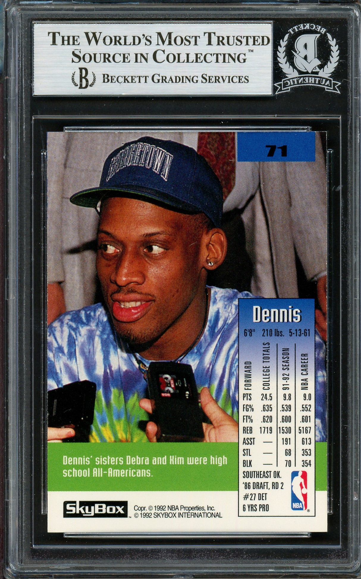 Dennis Rodman Autographed 1992-93 Skybox Card #71 Detroit Pistons Beckett BAS #13020280