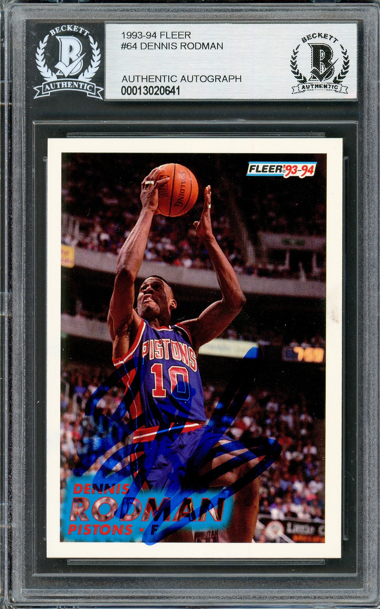 Dennis Rodman Autographed 1993-94 Fleer Card #64 Detroit Pistons Beckett BAS #13020641