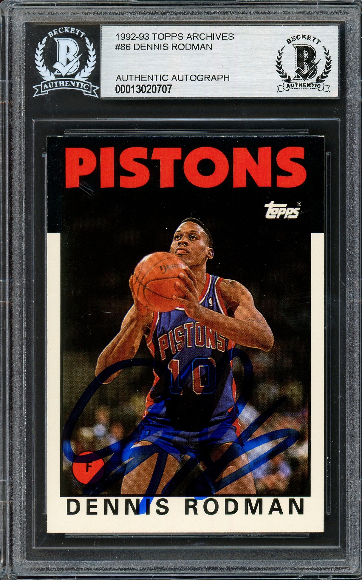 Dennis Rodman Autographed 1992-93 Topps Archives Card #86 Detroit Pistons Beckett BAS #13020707