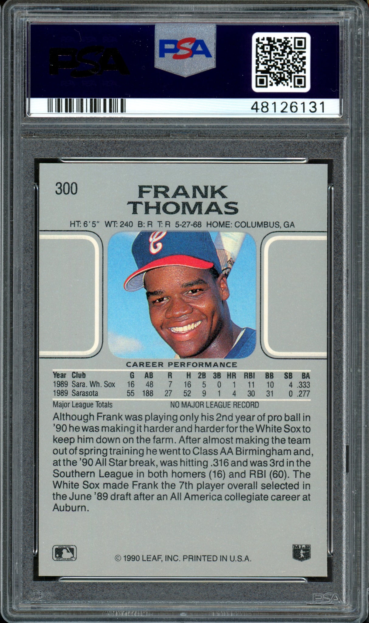 Frank Thomas Autographed 1990 Leaf Rookie Card #300 Chicago White Sox Card Grade Gem-MT 10 PSA/DNA #48126131