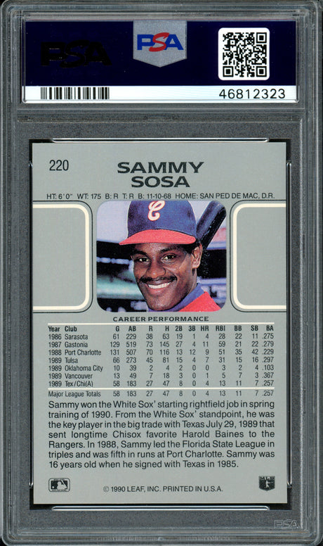 Sammy Sosa Autographed 1990 Leaf Rookie Card #220 Chicago White Sox Auto Grade 10 Card Grade 8.5 PSA/DNA #46812323