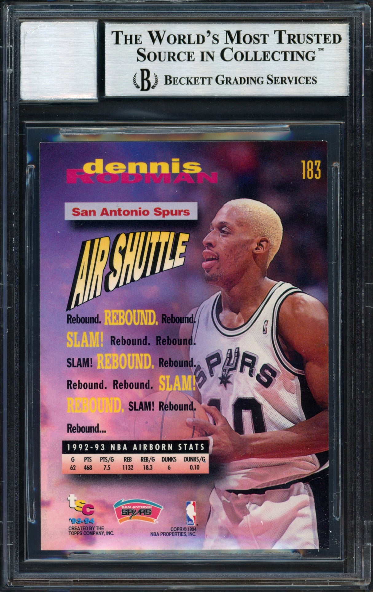Dennis Rodman Autographed 1993-94 Stadium Club Card #183 San Antonio Spurs Auto Grade 10 Beckett BAS #12518872
